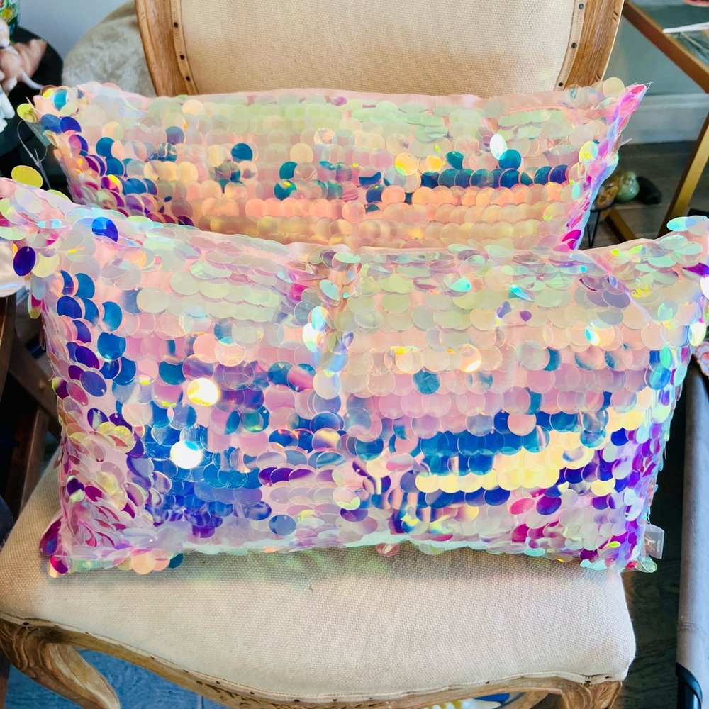 Iridescent w/ Pink purple Blue Sequin Lumbar sized Accent Pillows set of 2